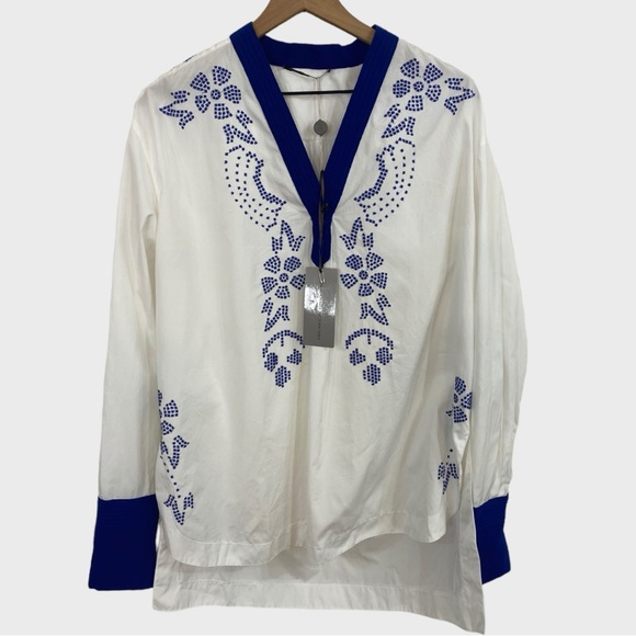 Ermanno Scervino White Blue Floral Embroidered Cotton Tunic NWT Size 40
